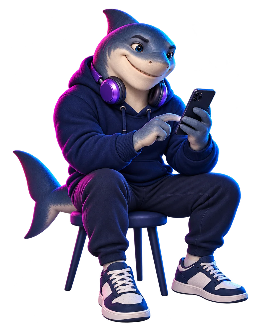 Personagem tubarão de corpo inteiro, com moletom e fones, criando uma postagem pelo celular.