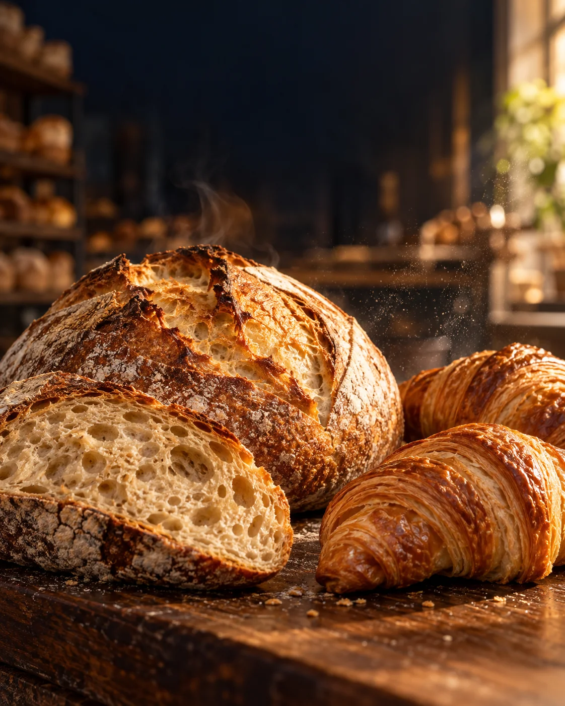 Pães artesanais dourados em uma campanha de padaria