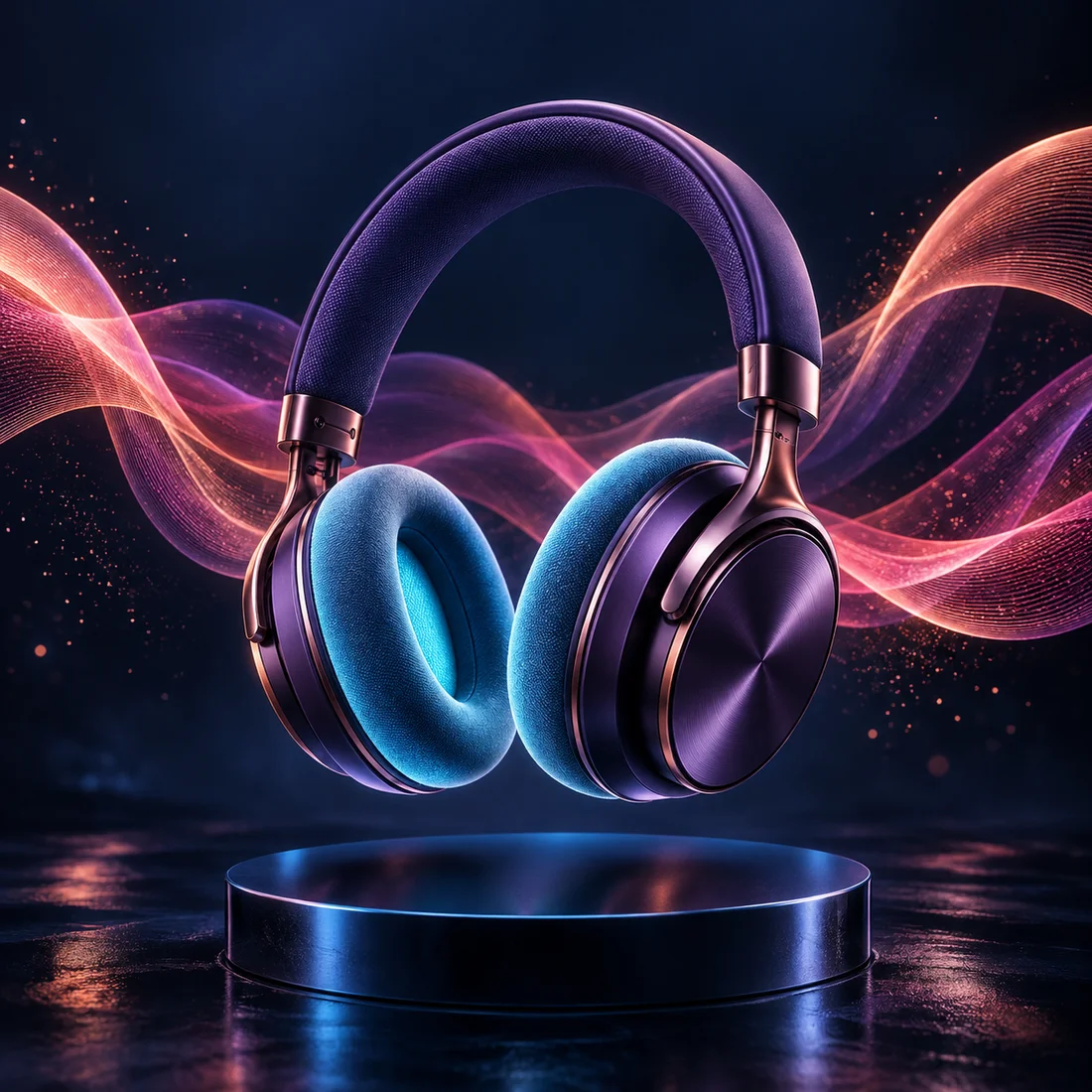 Fones violetas com ondas de cor em uma campanha de áudio