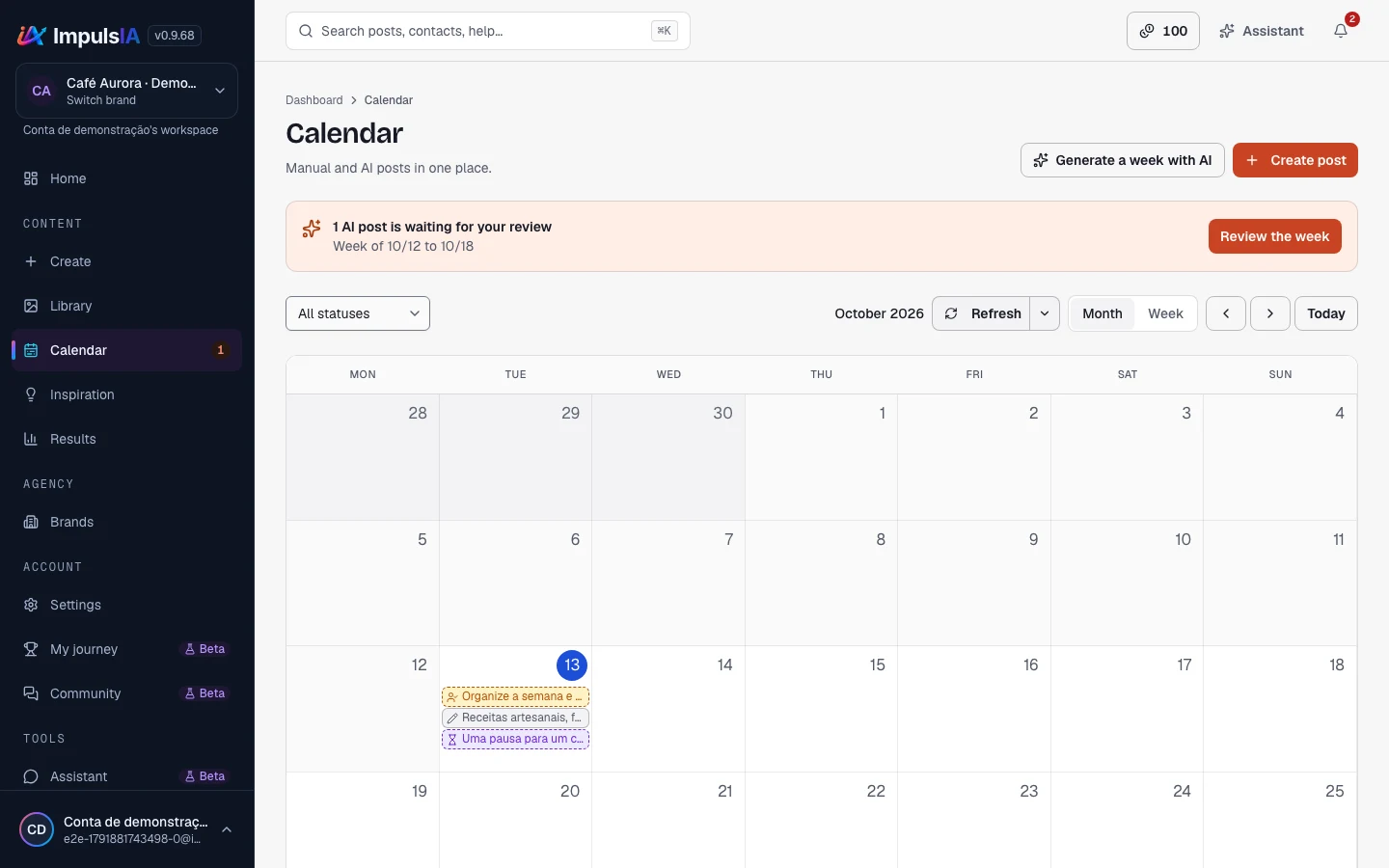 Calendar for reviewing weekly content.