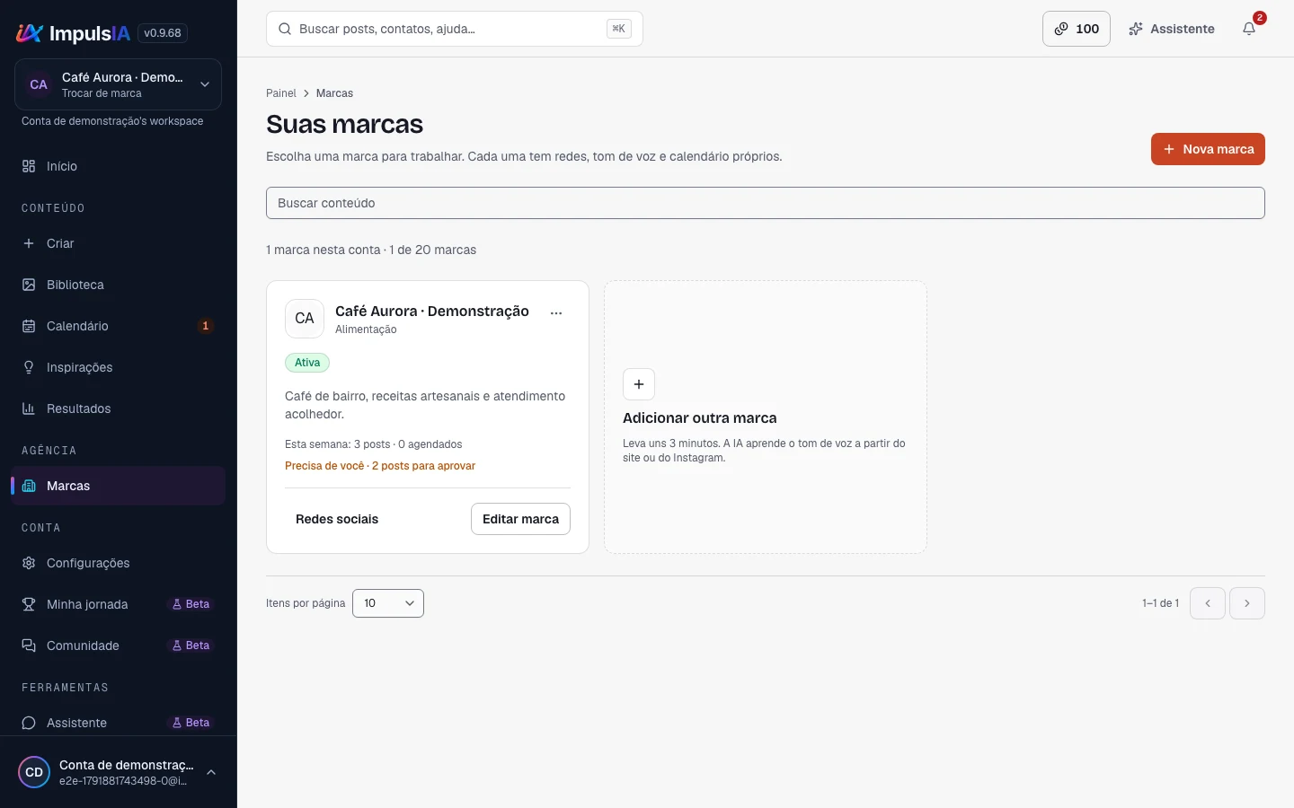 Lista de marcas da conta.