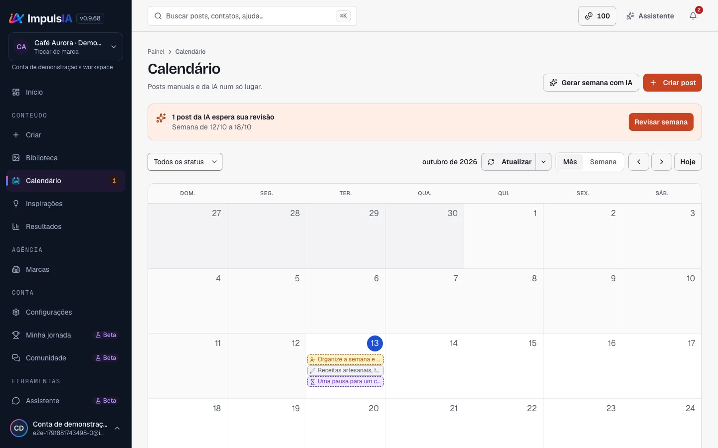 Calendário para revisar o conteúdo da semana.